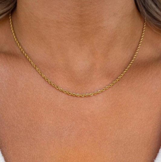 girl wearing waterproof gold rope necklace