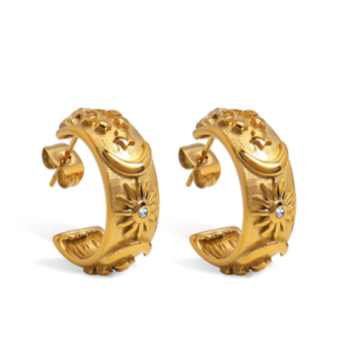 Crescent Moon Semi Hoop Earrings Hypoallergenic 18K Gold 