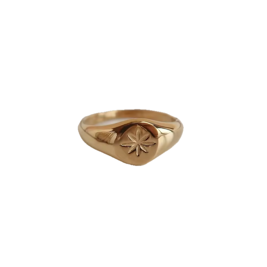 Gold ring with star design on a white background