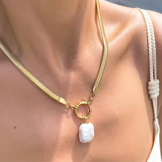 girl in swimsuit wearing freshwater pearl waterproof necklace