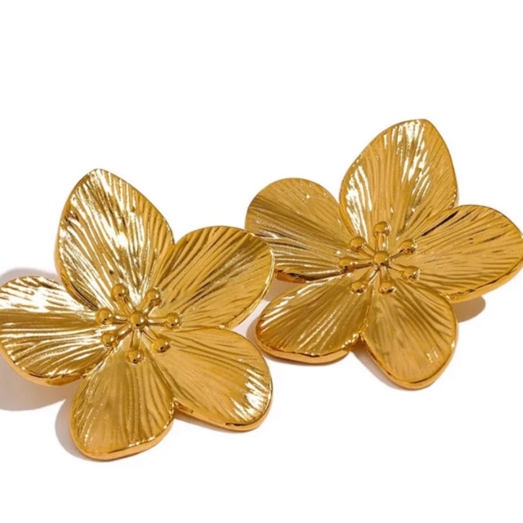 gold waterproof statement  flower studs 